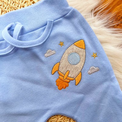 CONJ. DE MALHA 3 PEÇAS - Ursinho Espaço Sideral - Azul Bebê